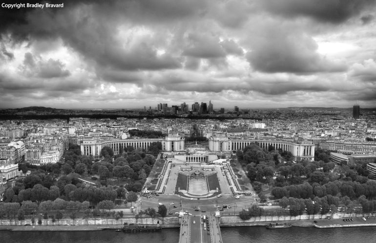 Black and white photo of Paris from the Eiffel Tower, looking toward Trocadero Gardens and La Defense